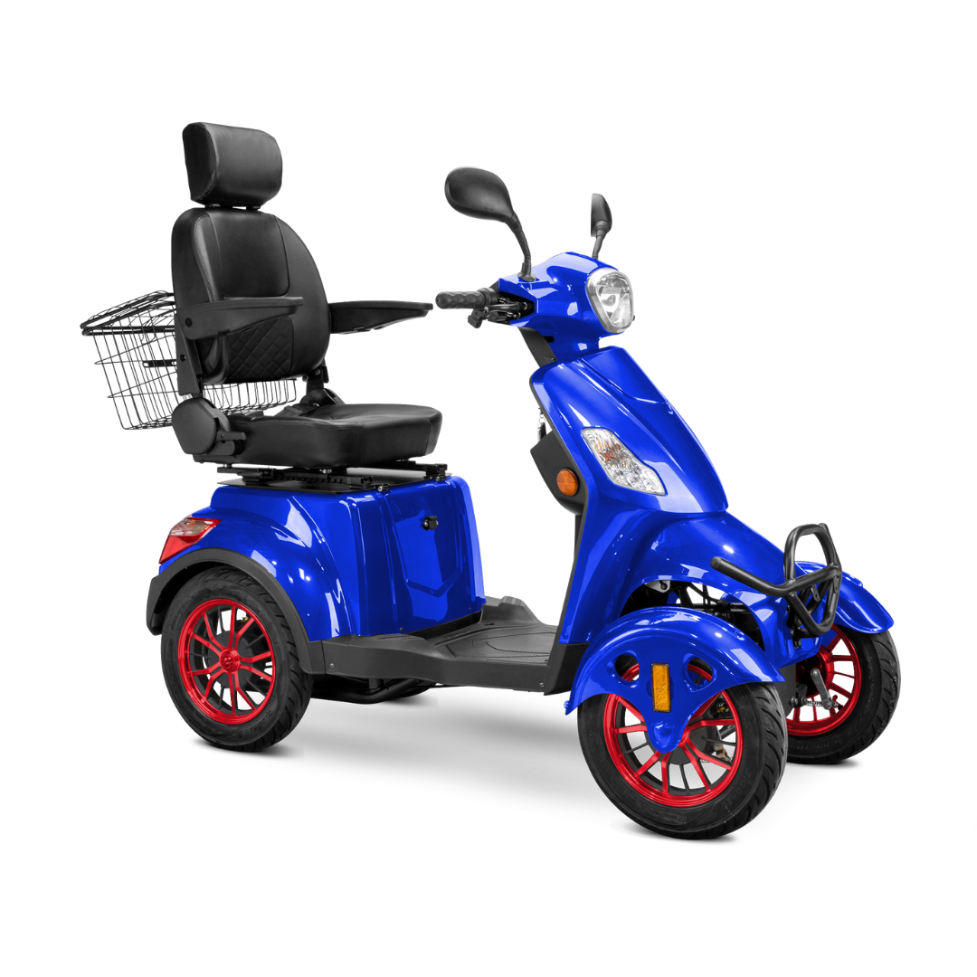 The Bespoke Prestige Recreational 4-Wheel Scooter features a blue body, 600W motor, black cushioned adjustable seat with headrest and armrests, rear basket, and red-accented wheels—designed for comfortable personal transport.
